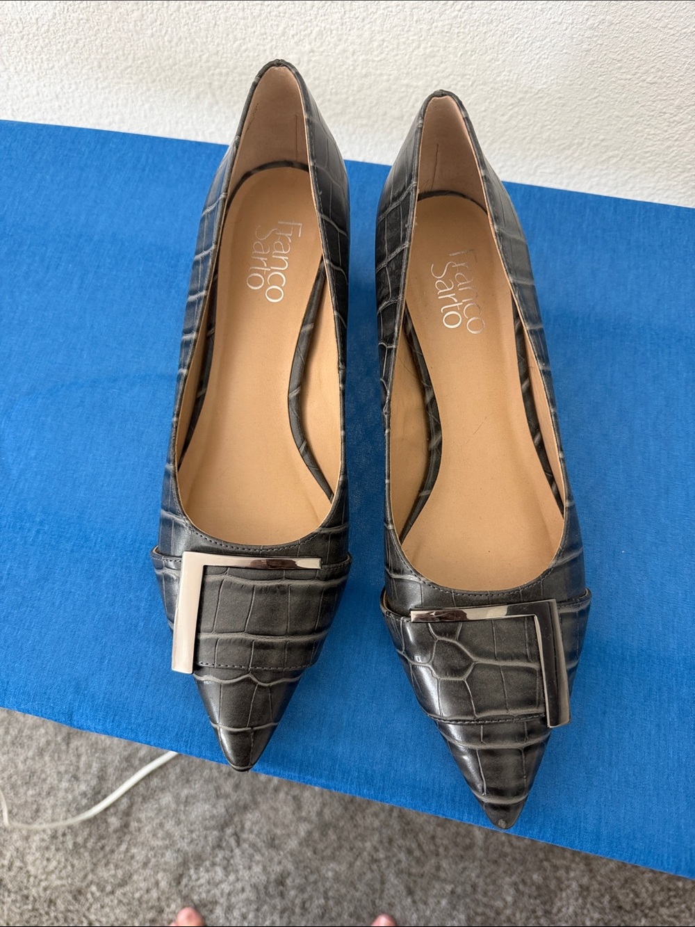 Franco Sarto Black Croc-Embossed Pointed Toe Pumps with Silver Buckle